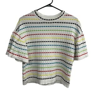 Rainbow Textured Stripe Top XS Cotton Retro Dopamine Preppy Indie colorful